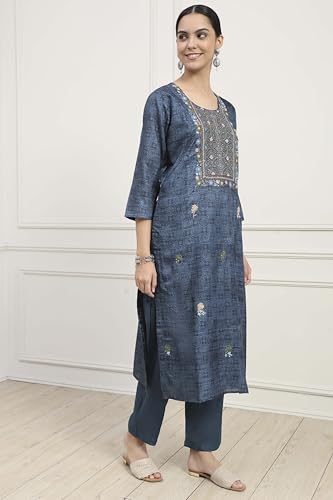 Biba Women Navy Blue Silk Tussar Hand Embroidered Unstitched Suit Set_FREE SIZE