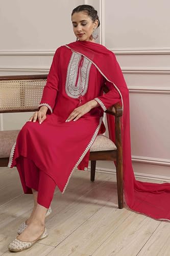 Biba Women's Fuchsia Viscose Rayon Straight Dyed Suit Set