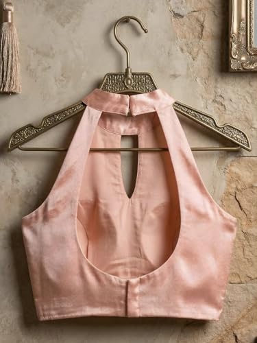 FVSHUN Women Customized Halter Neck Sleeveless Padded Readymade Blouse for Saree and Lehenga with Stretchable Sides (Peach, 36)