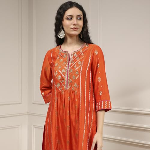 Biba Women's Orange Silk Straight Yarndyed Suit Set