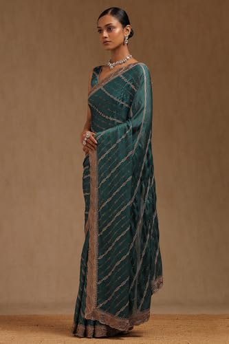 Soch Womens Turquoise Blue Fendy Chiffon Embellished Saree With Stone Work
