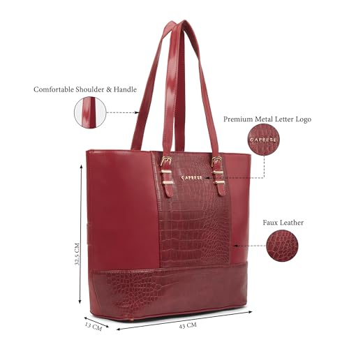 Caprese Macie 16 Inch Large Laptop Compatible Tote Bag for Women | Textured Faux Leather Shoulder Bag with Trolley Sleeve & Zipper Closure | Stylish Office, Work, Travel Handbag (Cherry Lacquer)