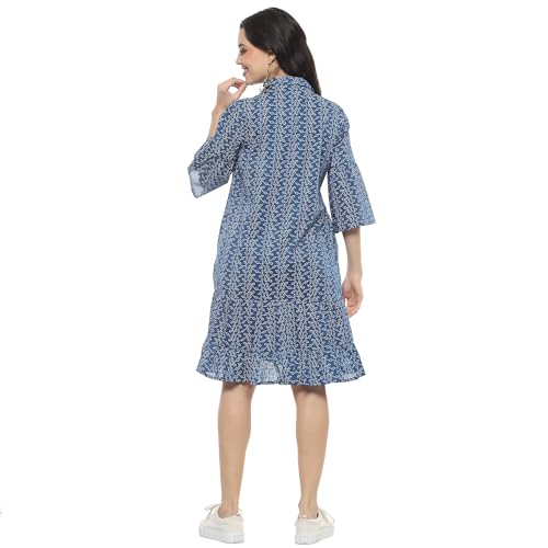 Rangriti Women Cotton Printed Tiered Dress Ankle Length Casual CASUALDRESSES19112SS24IND_Blue