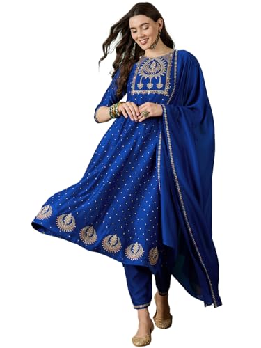 LYMI LABEL Zari Sequence Embroidered Blue Silk Blend Foil Printed Kurta Pant with Dupatta