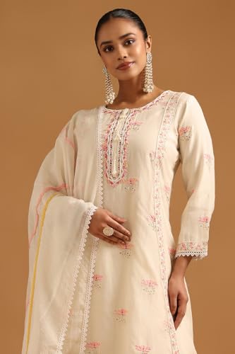 Soch Womens Cream Mul Chanderi Floral Salwar Suit With Thread Work