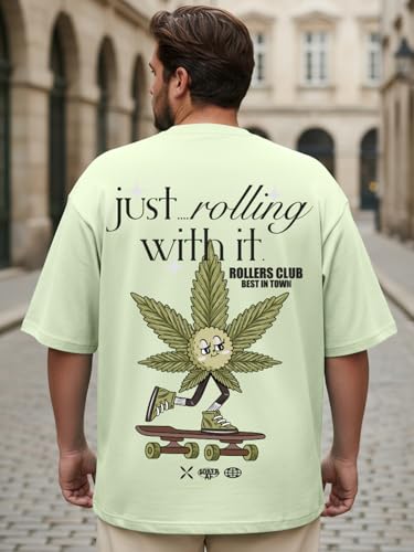 Bewakoof Men's Graphic Print Oversized Fit Half Sleeve Round Neck Cotton Plus Size T-Shirt_694214_Green_6XL
