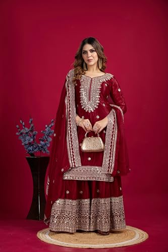Brulry Women's Red Embroidered Chinnon Silk Kurta with Palazzo & With Dupatta