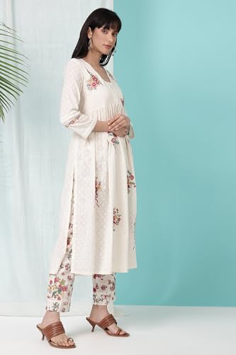 W for Woman White Floral Printed Textured Cotton Gathered Kurta, Pants and Dupatta Set (Size: M)-WS11620-222350