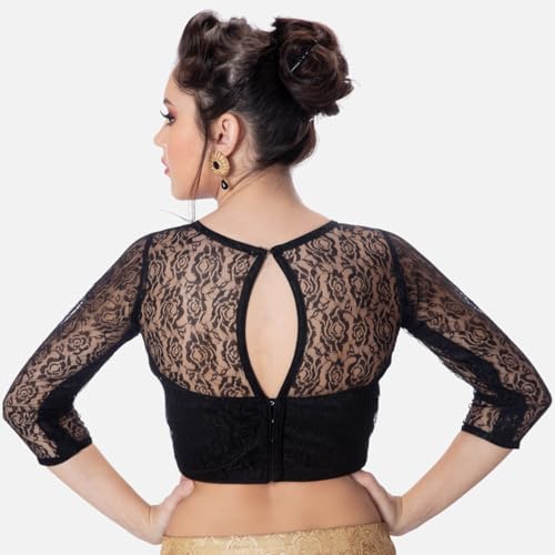 Biyu Women's Floral Net 3/4th Sleeves High Neck Readymade Saree Blouse (Black, 46)