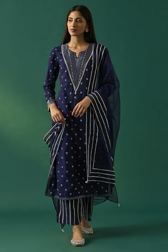 Wishful Women's Navy Blue Embroidered Straight Kurta with Straight Pant and Dupatta Set - (SP12862-401180-L)