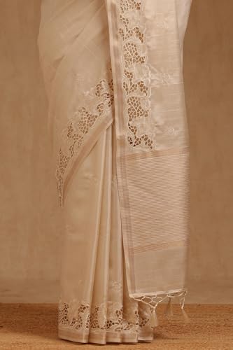 Soch Womens Cream Tussar Floral Printed Saree With Thread Work