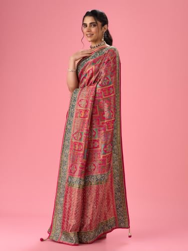 MOHEY Women's Enchanting Pink Bridal Saree with Blouse Piece (Pink)
