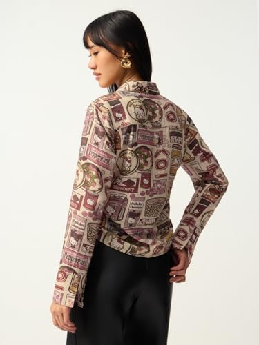 The Souled Store Hello Kitty: Delish Women and Girls Full Sleeves Spread Collar Beige Graphic Printed Viscose Polyamide Slim Fit Lightweight Winter-Ready Shirt for Casual Wear