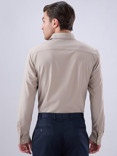 Raymond Men Regular Fit Knitted Pattern Pure Polyester Semi Cutaway Collar Full Sleeve Tail Bottom Hem Formal Shirt Dark Fawn