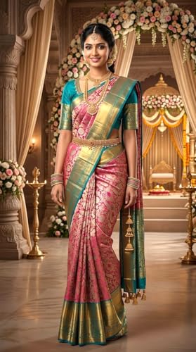 VFCollections Women's Traditional Handloom Kanchipuram Silk Pure Pattu Sarees | Rich Zari Woven Design | Bridal Saree | Unstitched Blouse (VFC670-1)