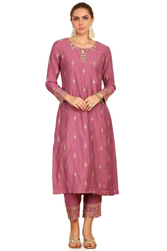 Soch Womens Onion Pink Ethnic Motifs Embroidered Chanderi Suit Set