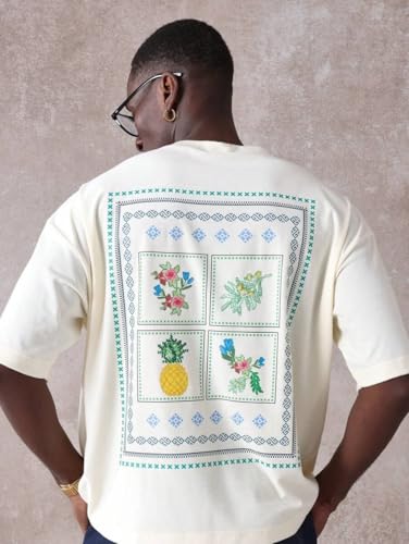 GURIK Men's Oversized Baggy Fit Drop Shoulder Printed Tshirt(SF-Mens-osize-Tshirt-Pine Aple-White-XL)