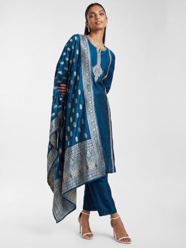 Max Women Woven Design Straight Kurta Set (Blue_M)
