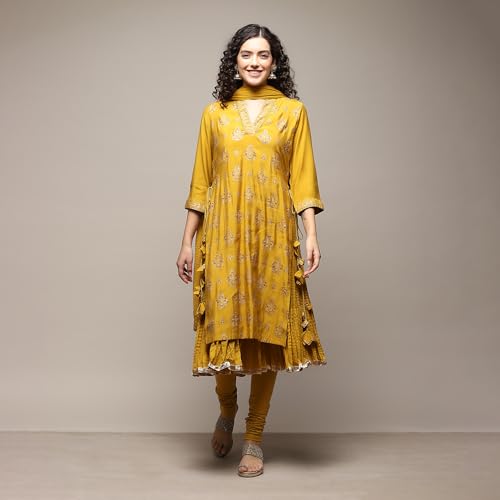 BIBA Women Printed Silk Suit Set (Yellow)