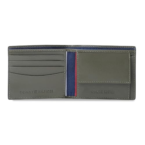 Tommy Hilfiger Men's Leather Wallet Strovolos | Laser-Detailed Olive Bi-Fold with Global Coin Pocket | Stylish Purse for Gents