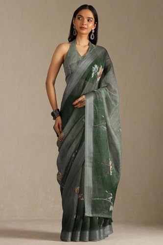 Soch Womens Olive Linen Floral Print Saree With Sequins