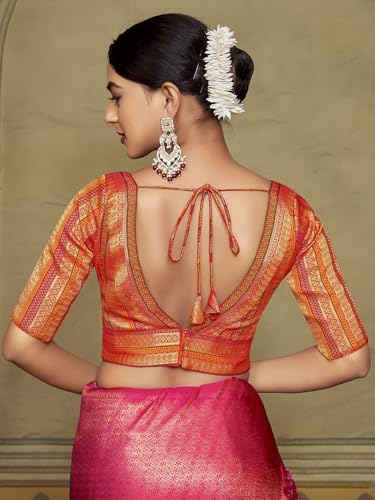 Vardha Women's Readymade Elbow Length Sleeves Golden Zari Saree Blouse (Orange)