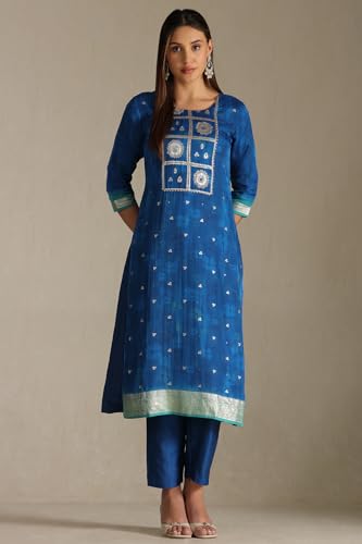 Soch Women's Blue Organza Zari Woven Suit Set With Faux Mirror And Sequins
