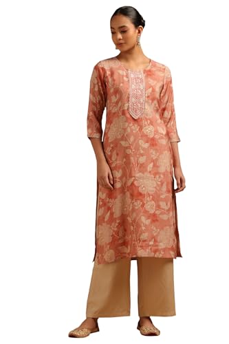 Soch Womens Peach Chanderi Floral Embroidered Kurta