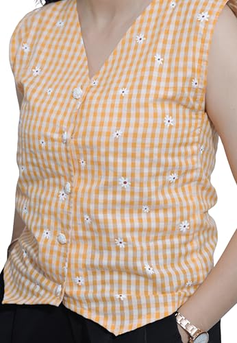 House of Sifar Gingham Waistcoat, Yellow, Sleeveless (XS)