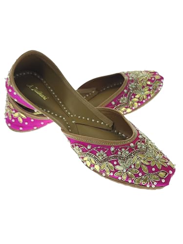 Fulkari Women's GottaPatti Magenta Gold Soft Leather Embroidered Jutis | Bite and Pinch Free Jutti | Punjabi Formal Juttis | Girl's Wedding Flat Ladies Mojari | Formal Ethnic Juti | 36
