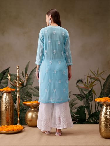 Ada Lucknowi Hand Embroidered Chikankari Straight Georgette Kurti Kurta for Women A95484 Blue (5XL)
