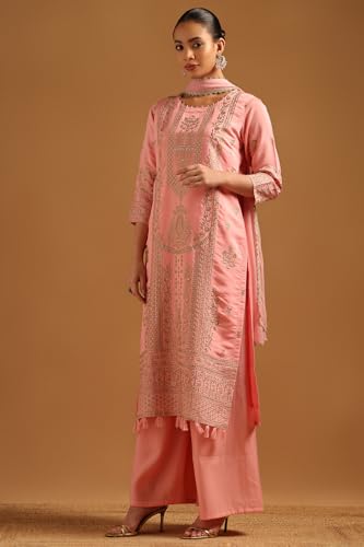 Soch Womens Blush Pink Roman Silk Botanical Salwar Suit With Sequins