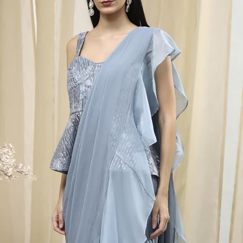 BIBA Women Ice Blue Peplum Pre-Draped Saree_34