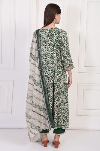 W for Woman Green Printed Block Print Embellished Anarkali Kurta with Straight Pant and Dupatta Set (WS13177-126083-L)
