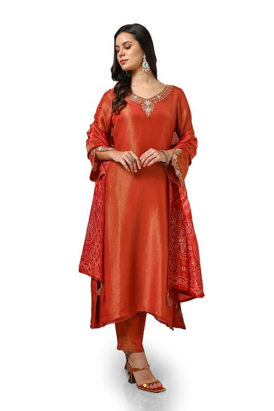 Soch Womens Rust Tissue Embroidered Suit Set With Beads And Stones