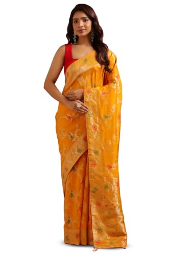 Soch Womens Yellow Crepe Botanical Zari Woven Saree