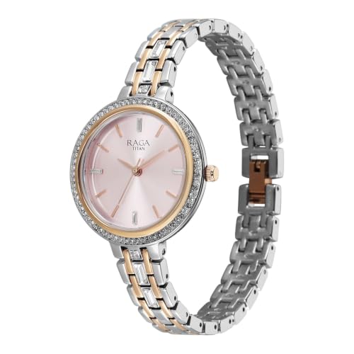 Titan Raga Spotlight 2.0 Quartz Analog 3Hands Display Pink Dial IPRG+Steel Look Color Strap Watch for Women - 95424KM01