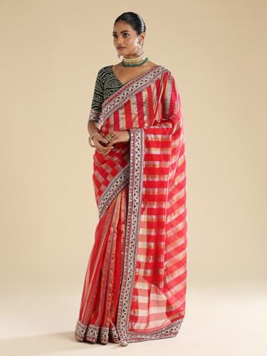 AKHILAM Women's Red Organza Striped Embellished Saree With Unstitched Blouse Piece (ANIKA3303_AG)
