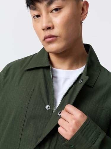 The Souled Store Utility Shacket: Dark Basil Men and Boys Long Sleeve Spread Collar Dark Green Solid Lightweight Easy to Style Everyday Office Wear Casual Cotton Shirt