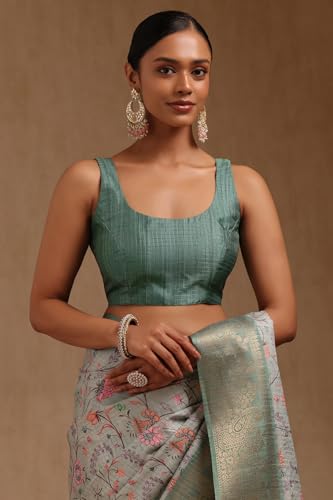 Soch Womens Light Teal Tussar Botanical Print Saree