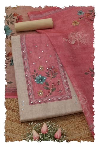 Soch Womens Beige Linen Shimmer Botanical Kantha Embroidered Dress Material With Beads