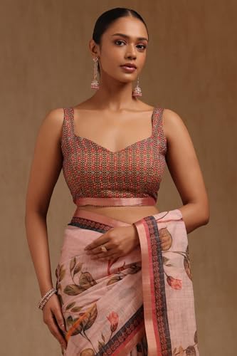 Soch Womens Peach Linen Blend Floral Print Saree With Zari Woven