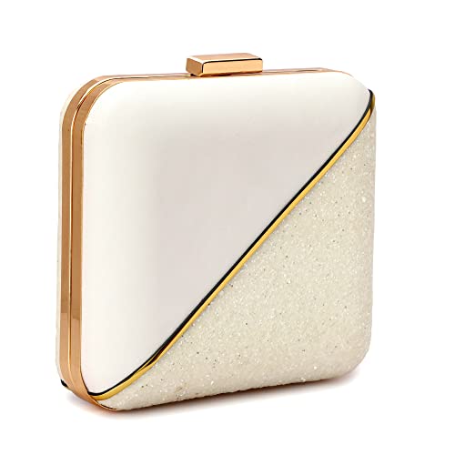 TOOBA Handicraft Hand Embroidered Box Clutch Bag Purse for Bridal, Casual, Wedding Bag for Women & Girls (White Dual)