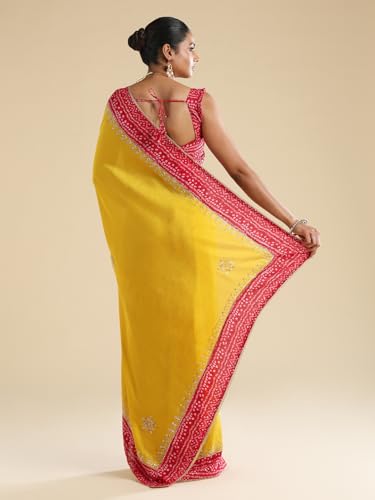 AKHILAM Women's Yellow Vichitra Silk Embroidered Embellished Saree With Unstitched Blouse Piece (ANIKA3801_AG)