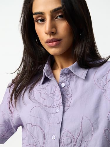 The Souled Store Lilo & Stitch: Naughty Stitch Women and Girls Short Sleeves Collared Lavender Embroidered Cotton Linen Oversized Fit Lightweight All-Season Shirt