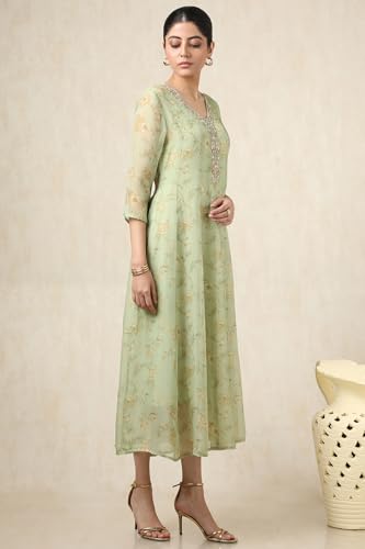 Soch Womens Green Organza Botanical Print Dress with Thread Work