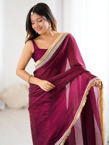AKHILAM Women's Wine Satin Embellished Saree With Unstitched Blouse Piece (AARYAN20602_KR)