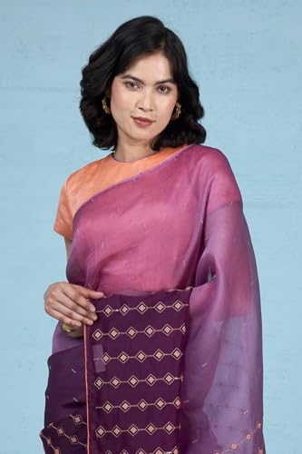 Taneira Women Violet Pure Silk Organza Embroidered Saree with Unstitched Blouse Piece (SPH08H00101-Violet)