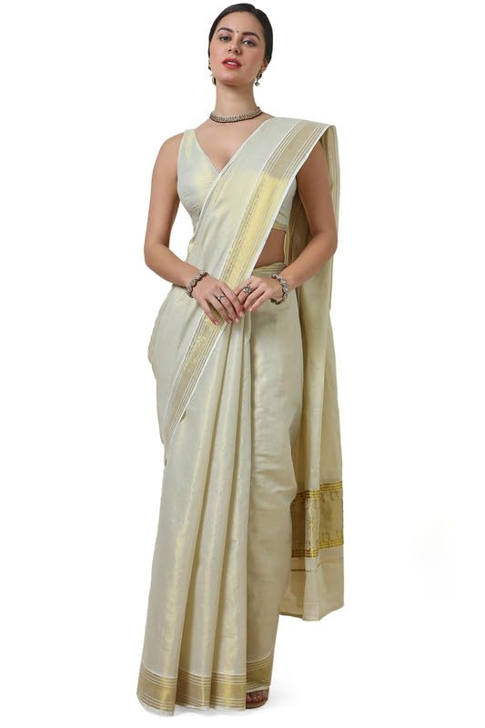 Soch Womens Cream Tissue Zari Woven Kasavu Saree