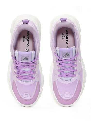 Impakto Women’s Chunky CoreMax Sneakers | High-Top Platform Casual Shoes | Rounded to Pampering Cushioned Insole & Non-Slip Sole | Stylish Lace-Up Shoes for Walking, Workout & Travel Outing Purple